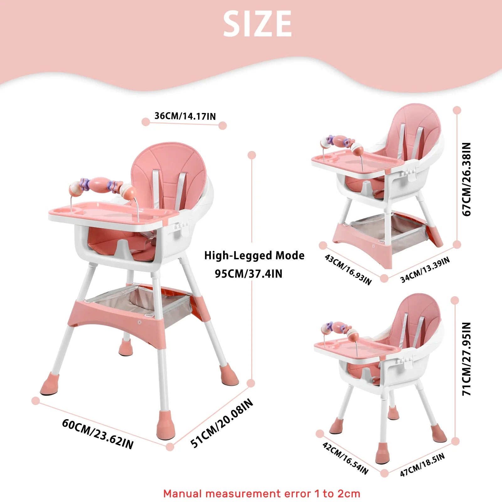 Baby high chair with integrated toy rack attached, offering entertainment during feeding