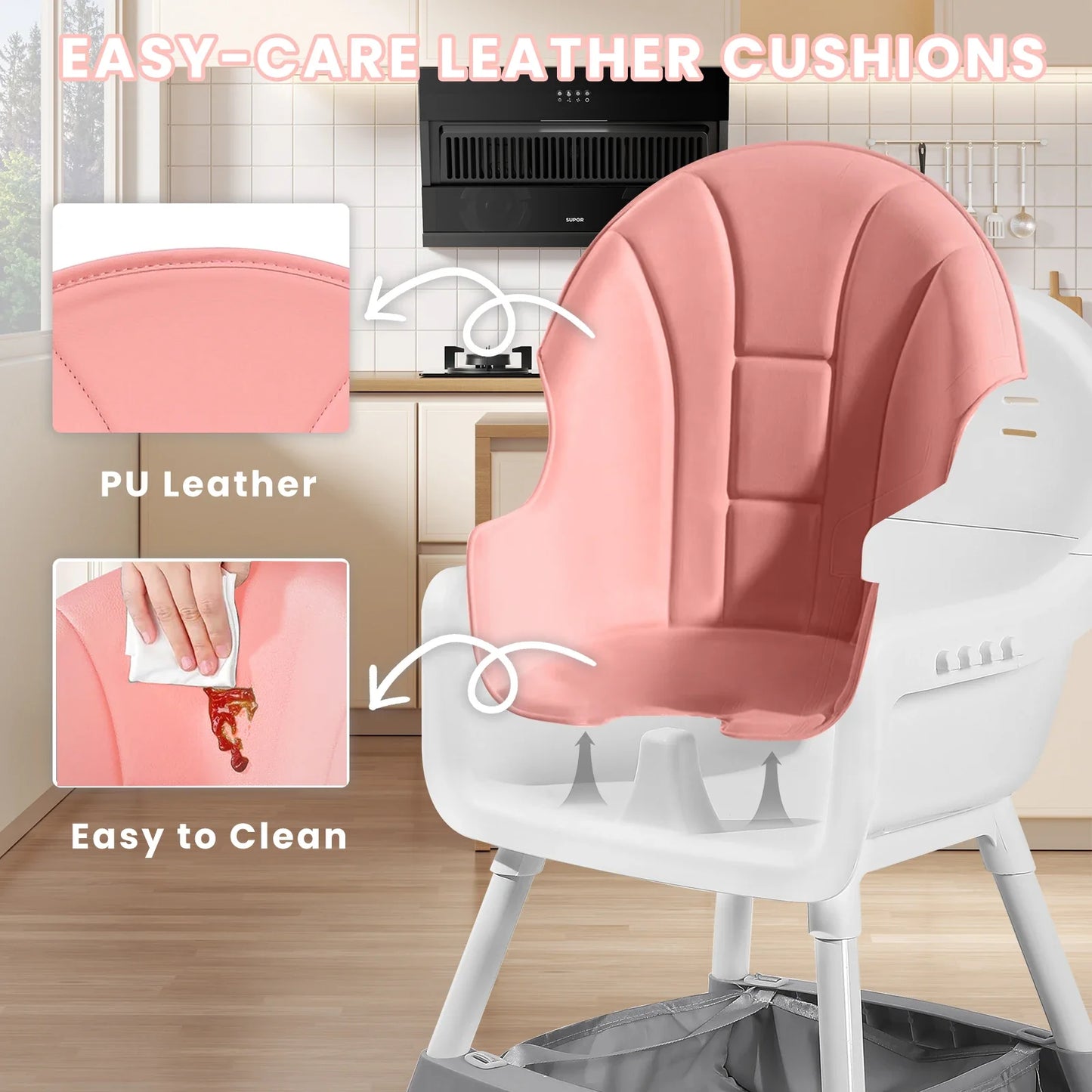 Compact convertible high chair folded, showcasing its portability for easy storage and travel