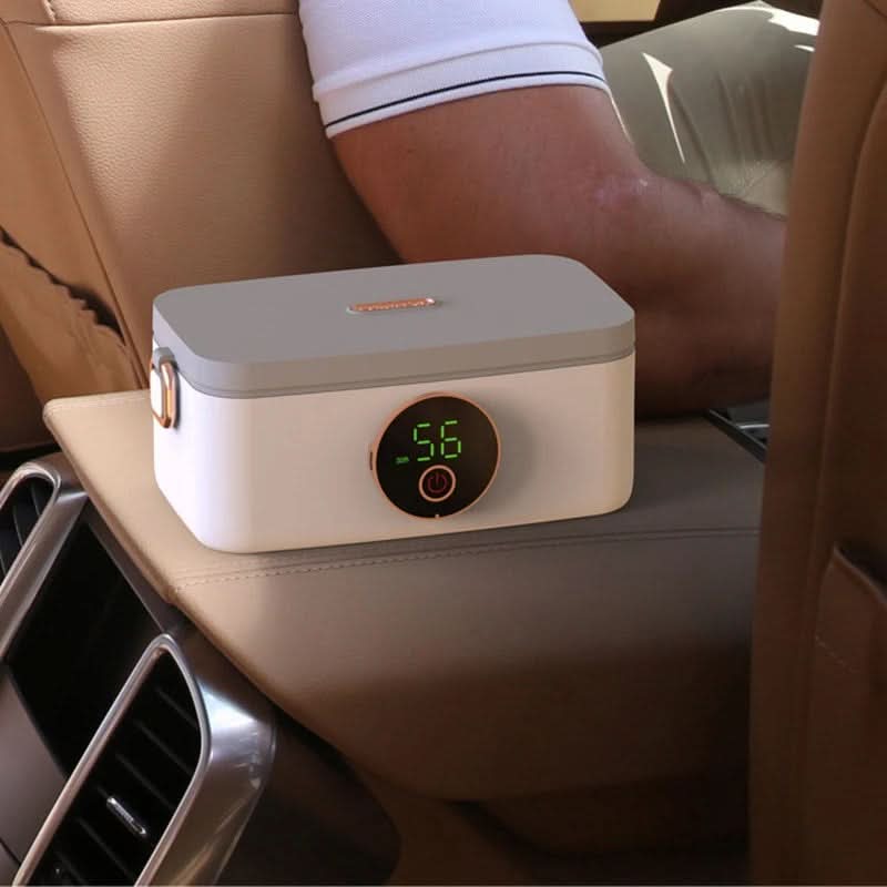 Cordless electric lunchbox with battery heating function; sleek design for warm, fresh meals anywhere.
