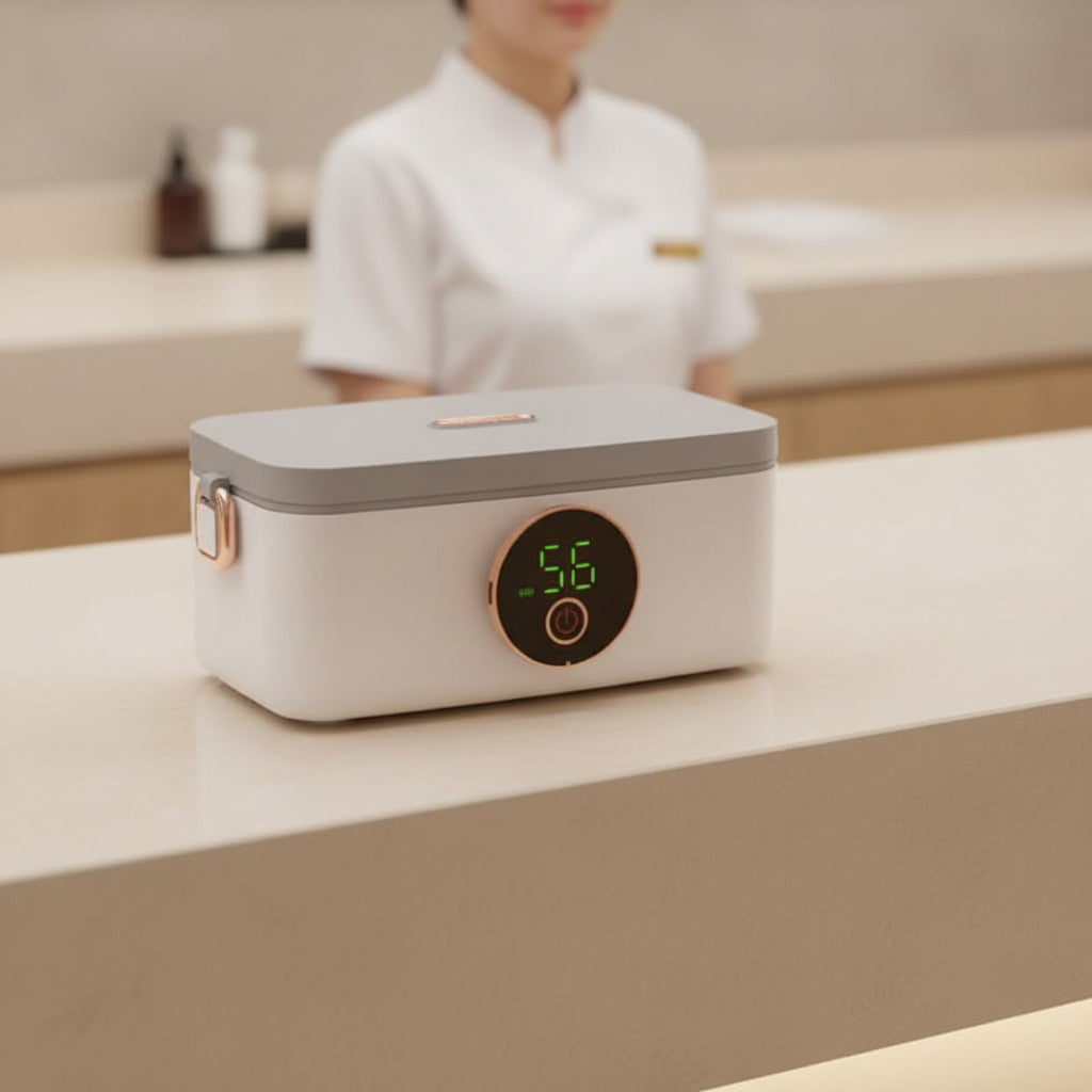 Portable heated lunchbox, battery powered food warmer for convenient meal prep and on-the-go dining.