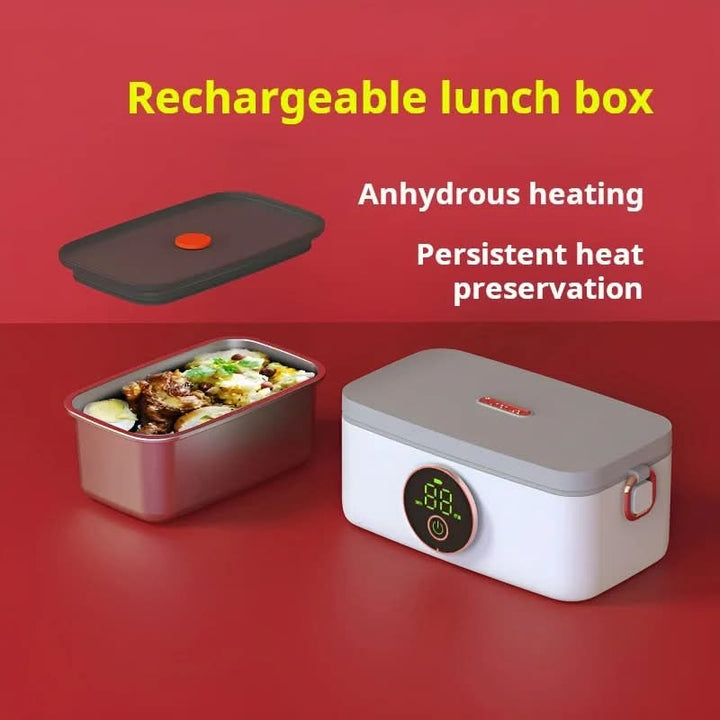 Stainless steel electric lunchbox, cordless with integrated battery heating for hot meals at work or travel.