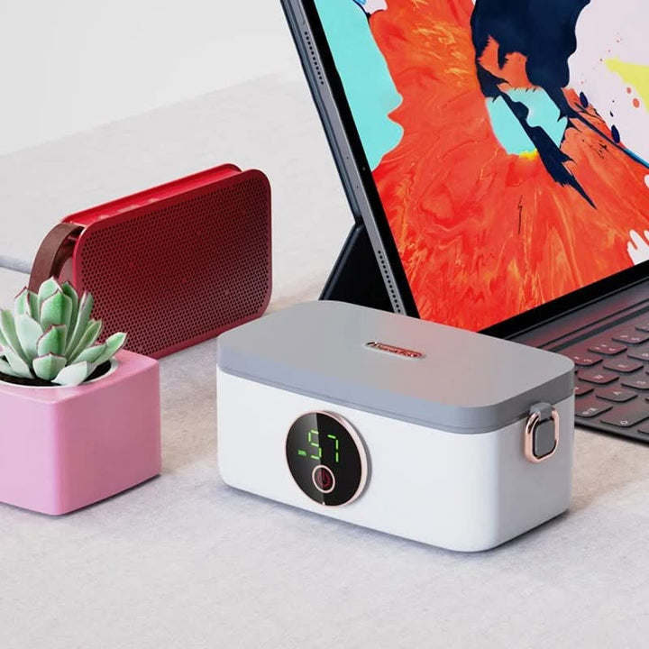 Compact cordless food warmer, battery-powered; ideal for school, office, or travel, ensuring warm food.