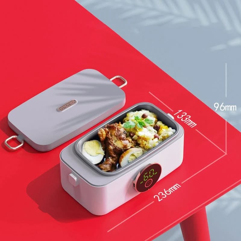 Detail of cordless electric lunchbox showing its durable stainless steel interior and heating function.