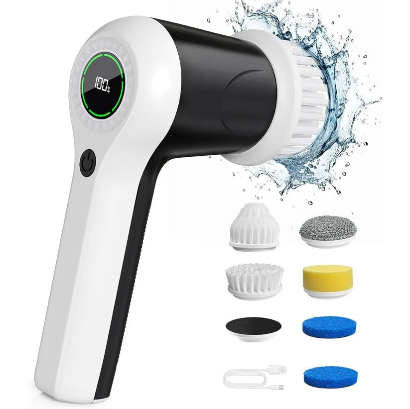 Cordless electric spin scrubber with 6 interchangeable heads for powerful, multi-surface household cleaning.
