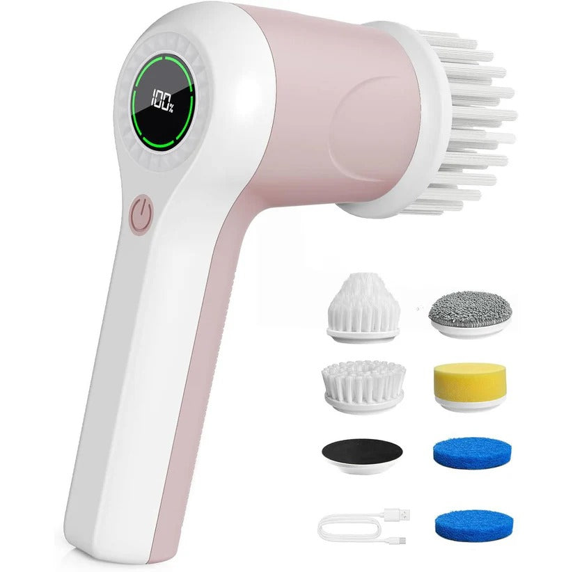 Versatile electric spin scrubber kit featuring 6 brush heads for comprehensive bathroom, kitchen, and tile grout cleaning.