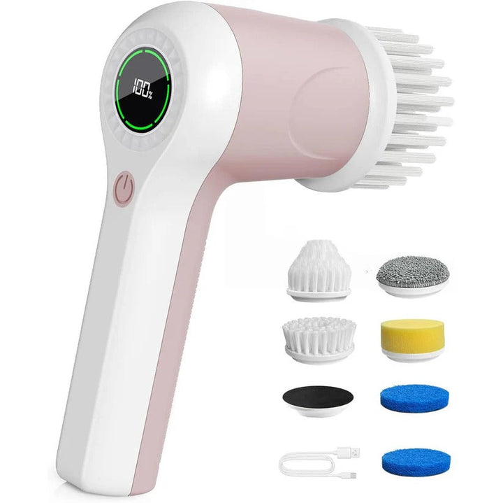 Versatile electric spin scrubber kit featuring 6 brush heads for comprehensive bathroom, kitchen, and tile grout cleaning.