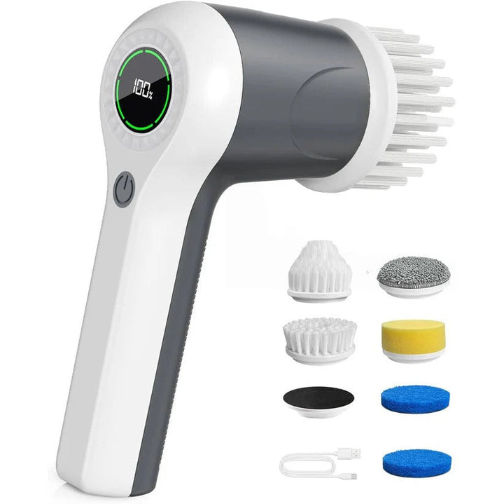 Cordless power scrubber easily cleaning shower, tub, and tiles. Ideal bathroom cleaner with ergonomic design.