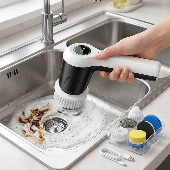 Convenient cordless electric scrubber, rechargeable for uninterrupted household cleaning tasks. Powerful spin brush.