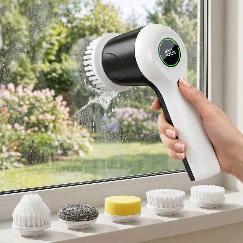 High-power electric spin scrubber for efficient deep cleaning of tiles, grout, and various home surfaces.