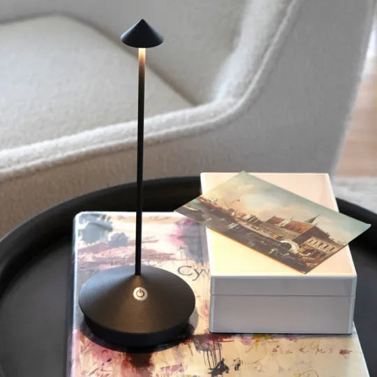 Outdoor rechargeable LED lamp, providing portable accent lighting for patios, gardens & decks.