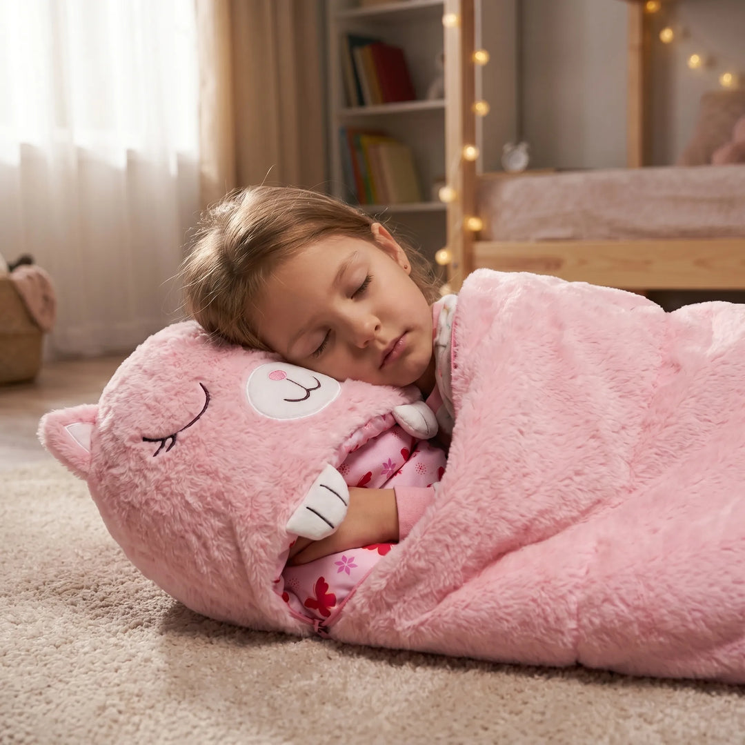 Cozy 2-in-1 animal plush kids sleeping bag & play pillow. Perfect children's bedding for sleepovers & nap time.