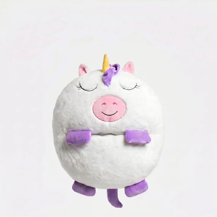 Adorable unicorn animal plush kids sleeping bag, with a soft, cozy blanket for comfy naps and play.