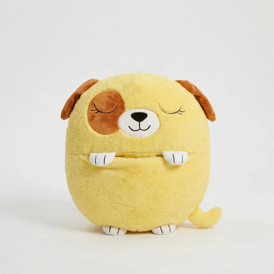 Child playing with a cozy dinosaur animal plush sleeping bag, also a soft nap mat and play pillow.