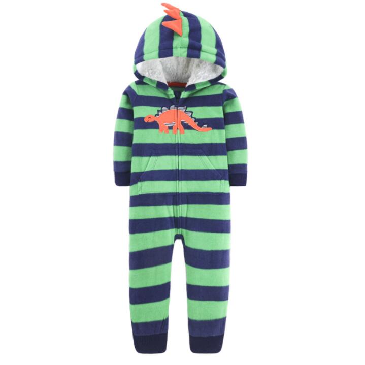 Playful baby in striped dragon hooded jumpsuit, cozy and warm infant romper design