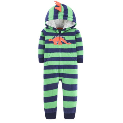 Playful baby in striped dragon hooded jumpsuit, cozy and warm infant romper design