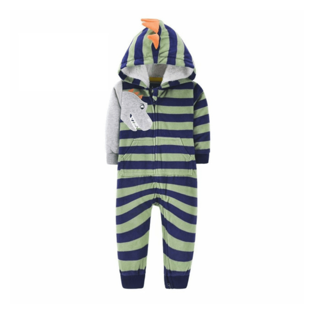 Close-up of baby dragon stripes hooded jumpsuit fabric, soft and comfortable romper