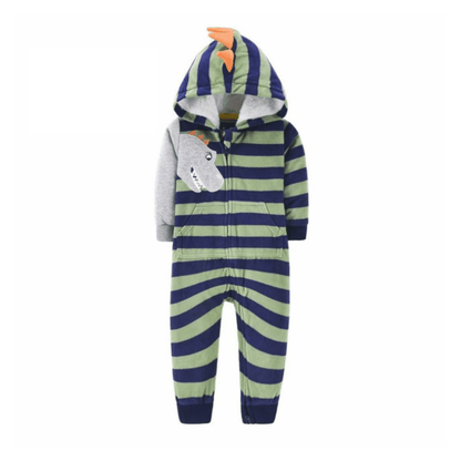 Close-up of baby dragon stripes hooded jumpsuit fabric, soft and comfortable romper