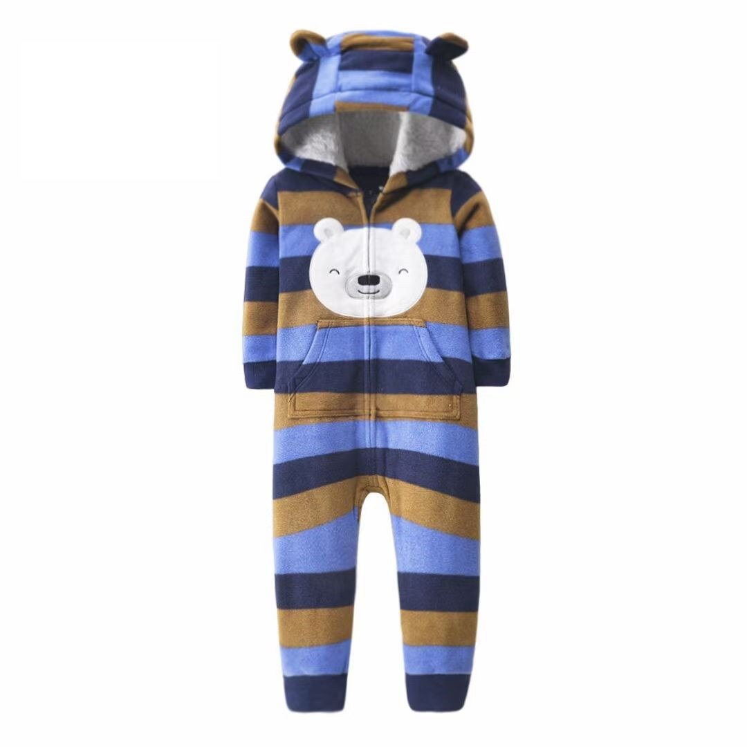 Cute infant wearing a dragon print hooded jumpsuit, cozy and stylish romper