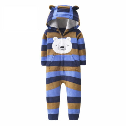 Cute infant wearing a dragon print hooded jumpsuit, cozy and stylish romper