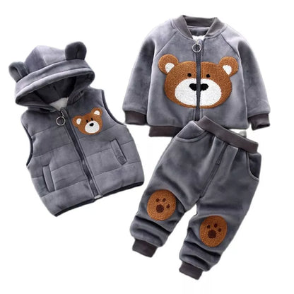 Cozy baby fleece bear jacket, vest & pants set (3 Pcs) for winter wear, gender-neutral style.