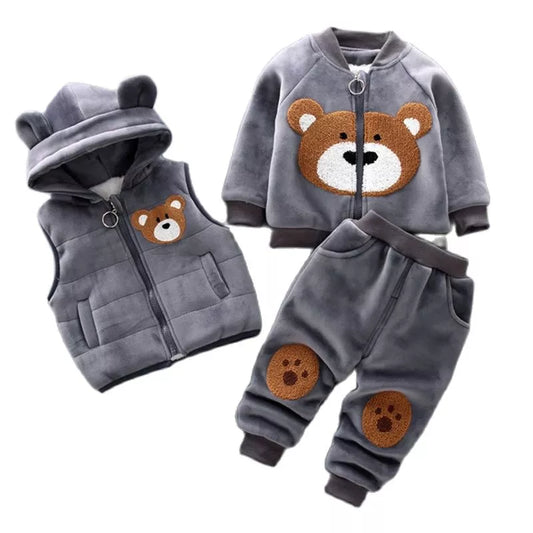 Cozy baby fleece bear jacket, vest & pants set (3 Pcs) for winter wear, gender-neutral style.