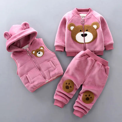 Warm baby clothing: 3-piece fleece set with bear jacket, vest, and pants for cold weather.