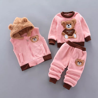 Cute newborn fashion: Fleece bear jacket, simple vest, and comfortable pants for everyday.