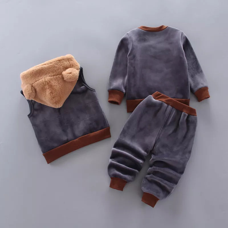 Baby's essential winter wear: Fleece bear jacket, vest, and pants (3 Pcs) cotton cashmere.
