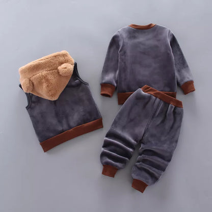 Baby's essential winter wear: Fleece bear jacket, vest, and pants (3 Pcs) cotton cashmere.