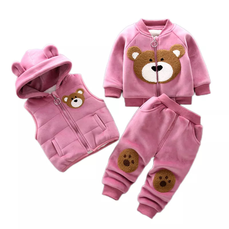 Adorable baby outfit: fleece bear ear jacket, matching vest, and soft pants for toddlers.