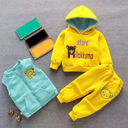 Newborn fashion 3-piece set with a warm fleece bear jacket, vest, and comfortable pants.