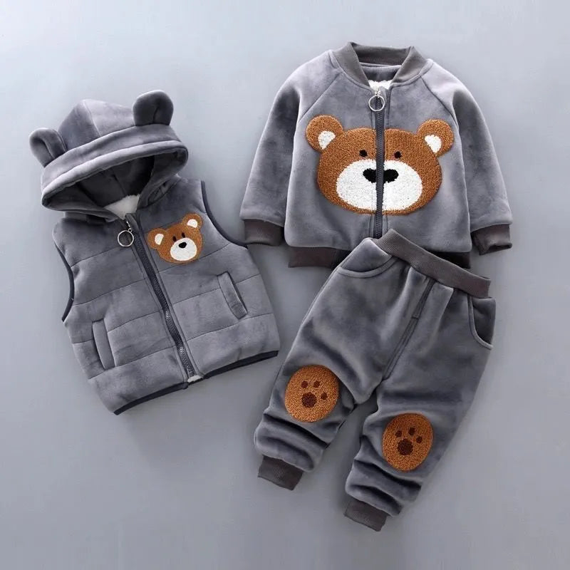 Winter wear for baby: Three-piece fleece bear jacket, vest, and pant set, perfect for warmth.
