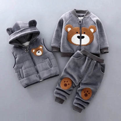 Winter wear for baby: Three-piece fleece bear jacket, vest, and pant set, perfect for warmth.