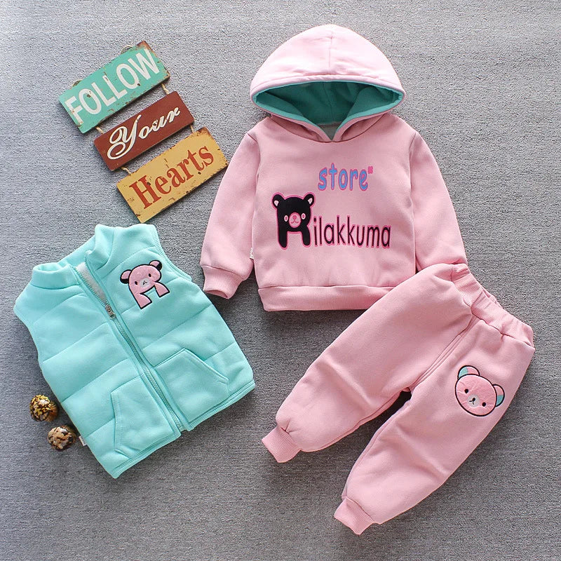 Cozy baby fleece set with bear-eared jacket, sleeveless vest, and pull-on pants.