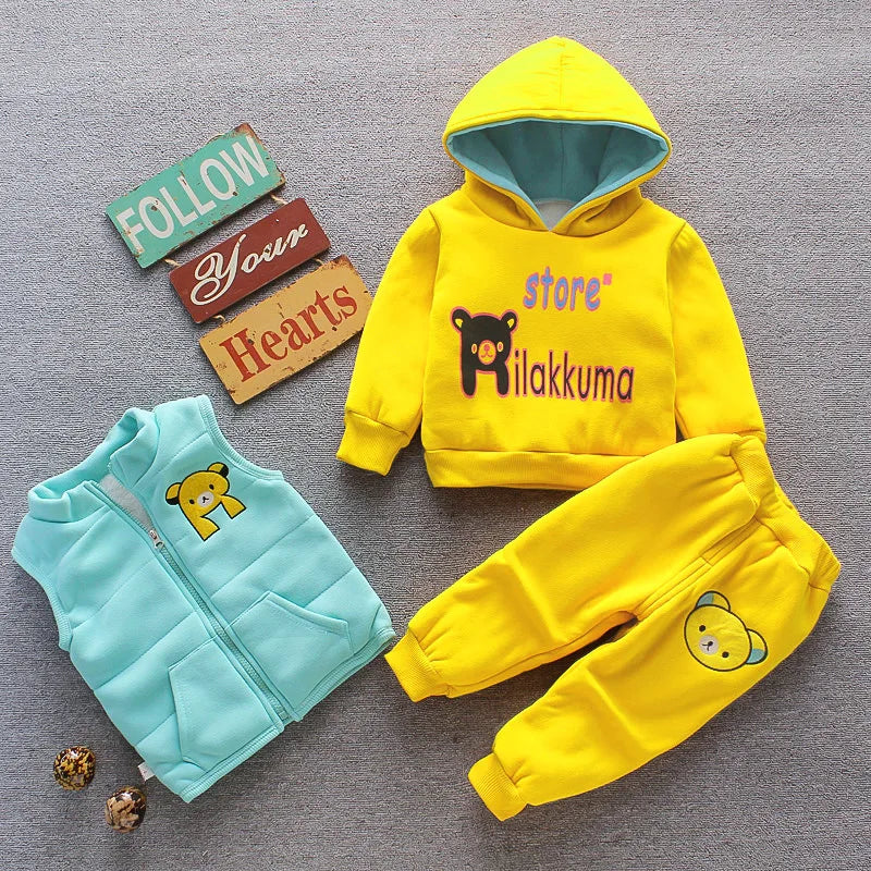 Gender-neutral baby fleece bear jacket, vest, & pants set (3 Pcs) for infants.