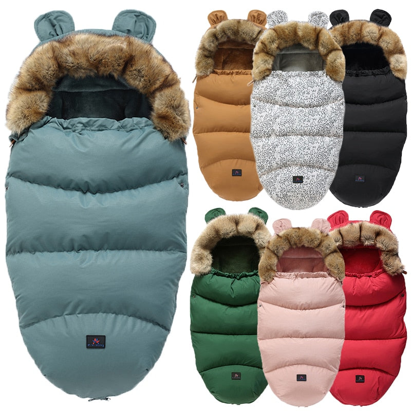 Cozy baby winter stroller sleeping bag, footmuff for infants, soft cotton blend, keeps baby warm & windproof.