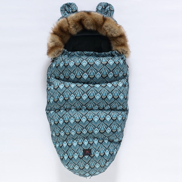 Infant cozy footmuff, winter stroller sleeping bag, soft cotton blend, provides warmth & comfort.