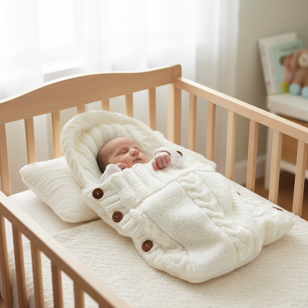 Cozy beige soft knit baby swaddle wrap for newborns 0-6 months. Perfect acrylic infant blanket.