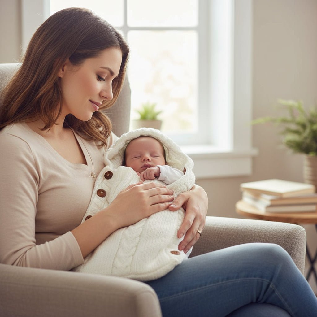 Soft knit hooded baby swaddle wrap in beige. Cozy acrylic infant blanket for newborn comfort.