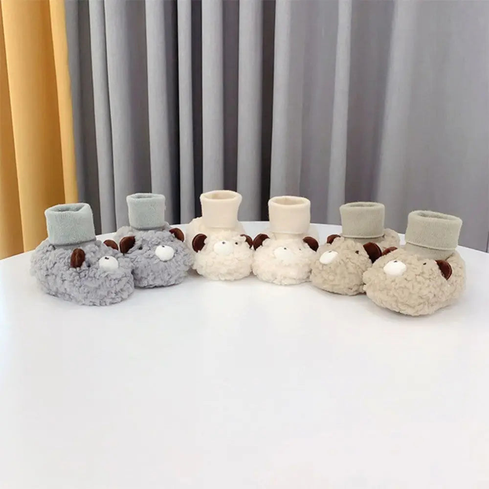 Cute baby bear fleece booties for infants, non-slip soft sole shoes, ideal for baby shower gift.