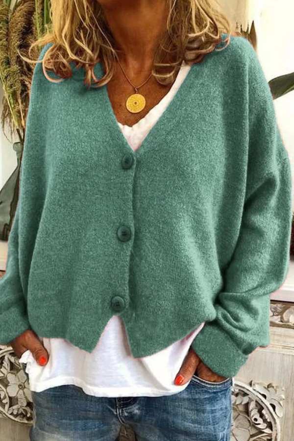 Chic button-front women's cardigan, a cozy knit long sleeve top for versatile fashion.