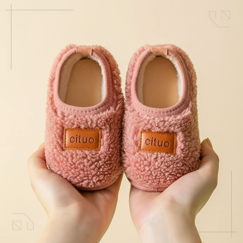 Warm indoor baby shoes with anti-slip grip, perfect for cold weather.