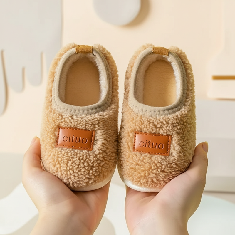 Suede winter house slippers for children, featuring enhanced anti-slip protection.