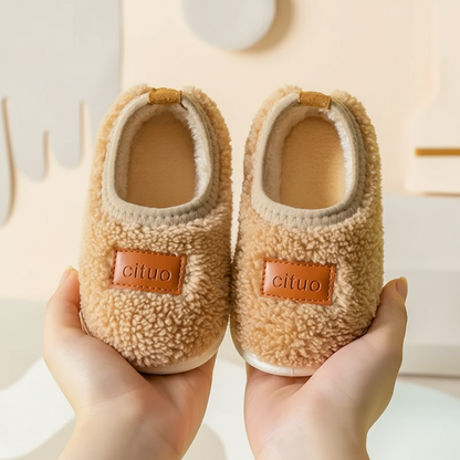 Suede winter house slippers for children, featuring enhanced anti-slip protection.