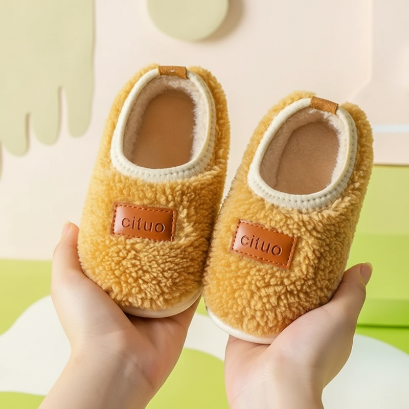 Suede winter house slippers for kids, anti-slip feature for playful toddlers.