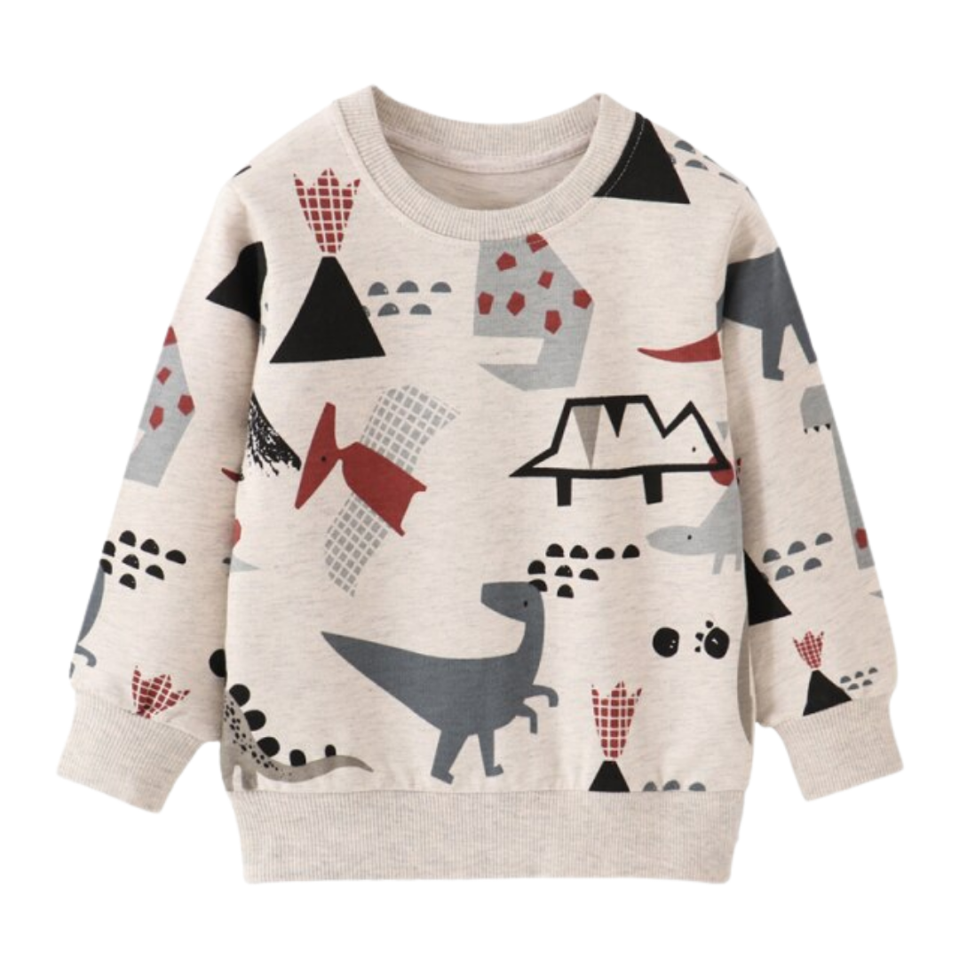 Cozy cotton O-neck sweater for boys with a pixelated green dinosaur print, ideal for toddler playwear.