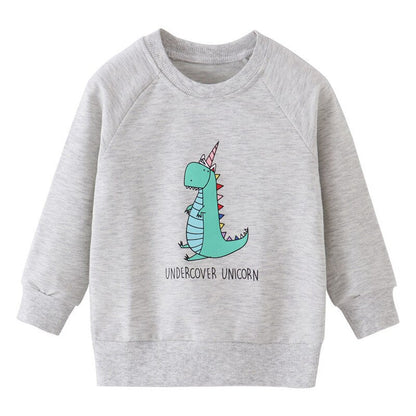 Durable boys' playwear sweater, O-neck style, emblazoned with a fun and colorful pixel dinosaur motif.