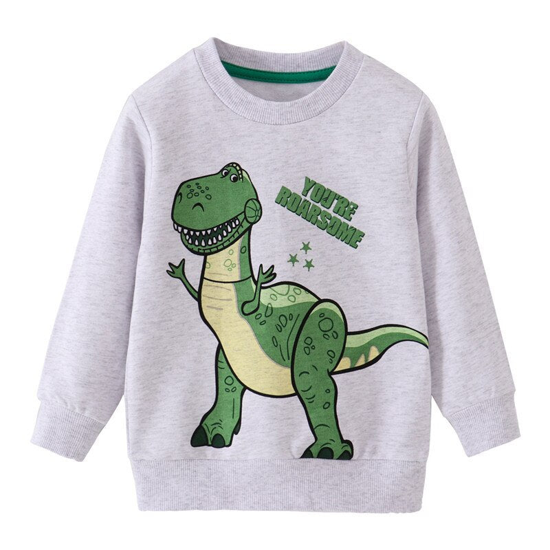 Pixel dinosaur print blue cotton sweater for boys, ensuring warmth and style for toddler outerwear.