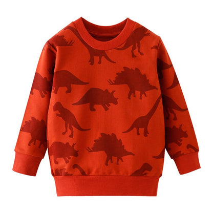 Boys' cozy top: a cotton O-neck sweater with a bold pixel dinosaur graphic, perfect for active kids.