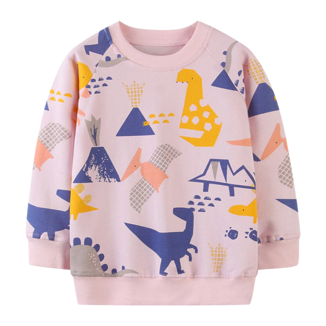 Boys' long-sleeve cotton blend sweater featuring a fun pixel dinosaur design on a blue knit fabric.